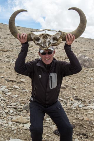 Jamie McGuinness with wild yak horns in Ladakh Jamie McGuinness, Project Himalaya owner-guide